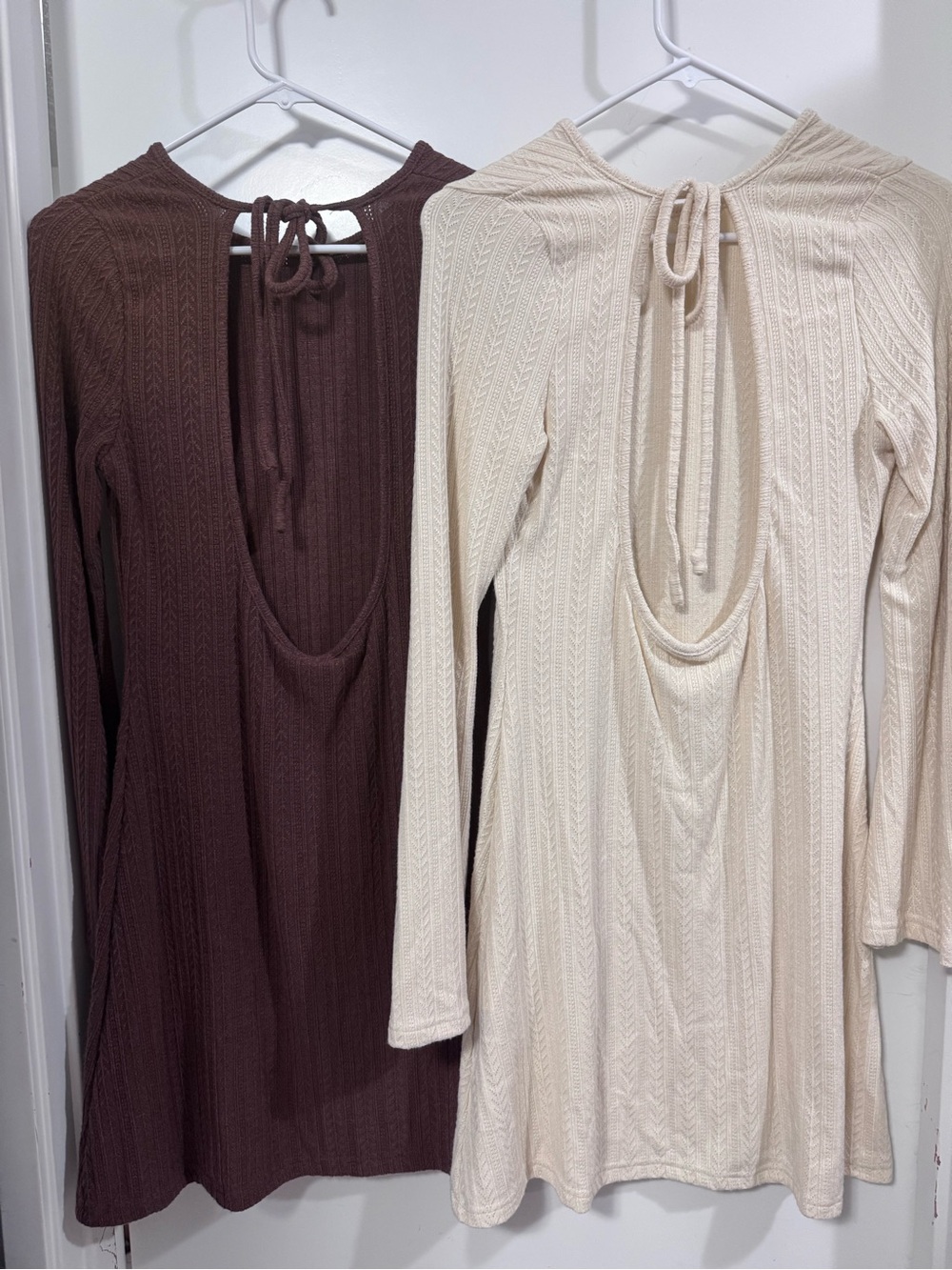 Long Sleeve Knit Shift Dress in Cream and Brown - Picture 3 of 8